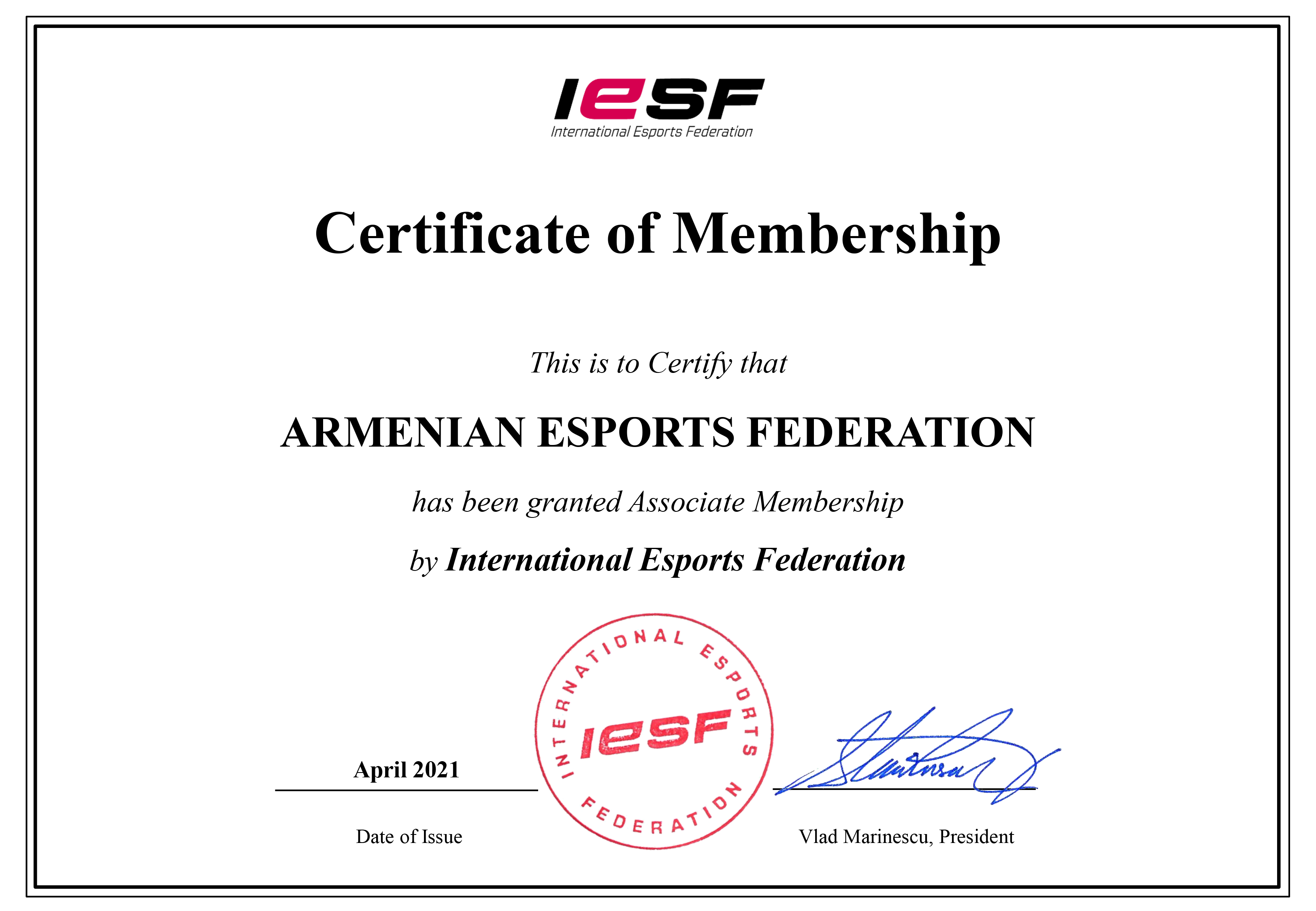 AEF became a member of International Esports Federation (IeSF)