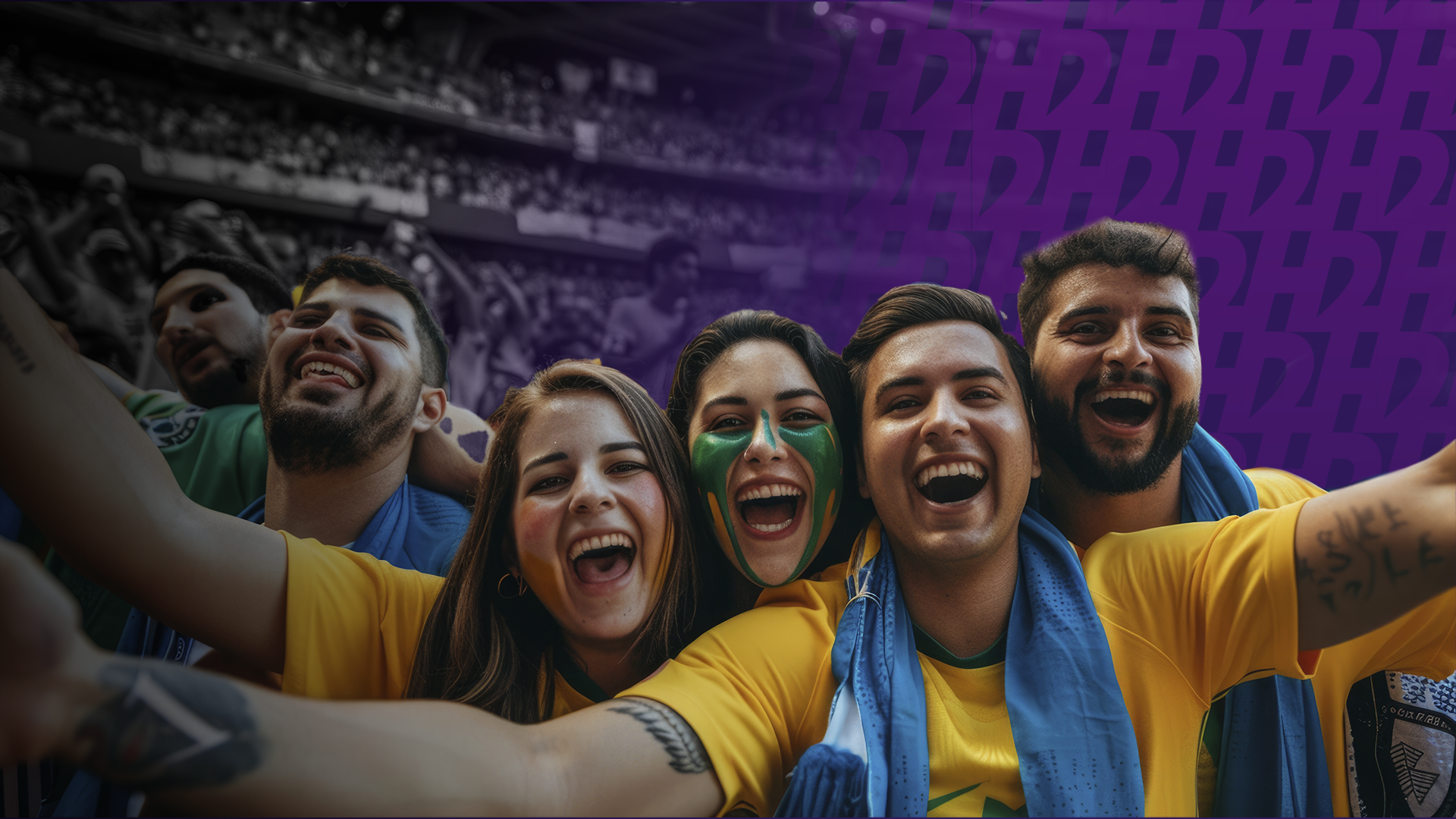 grupo de 4 amigos (2 homens e 2 mulheres) dentro de um estádio lotado