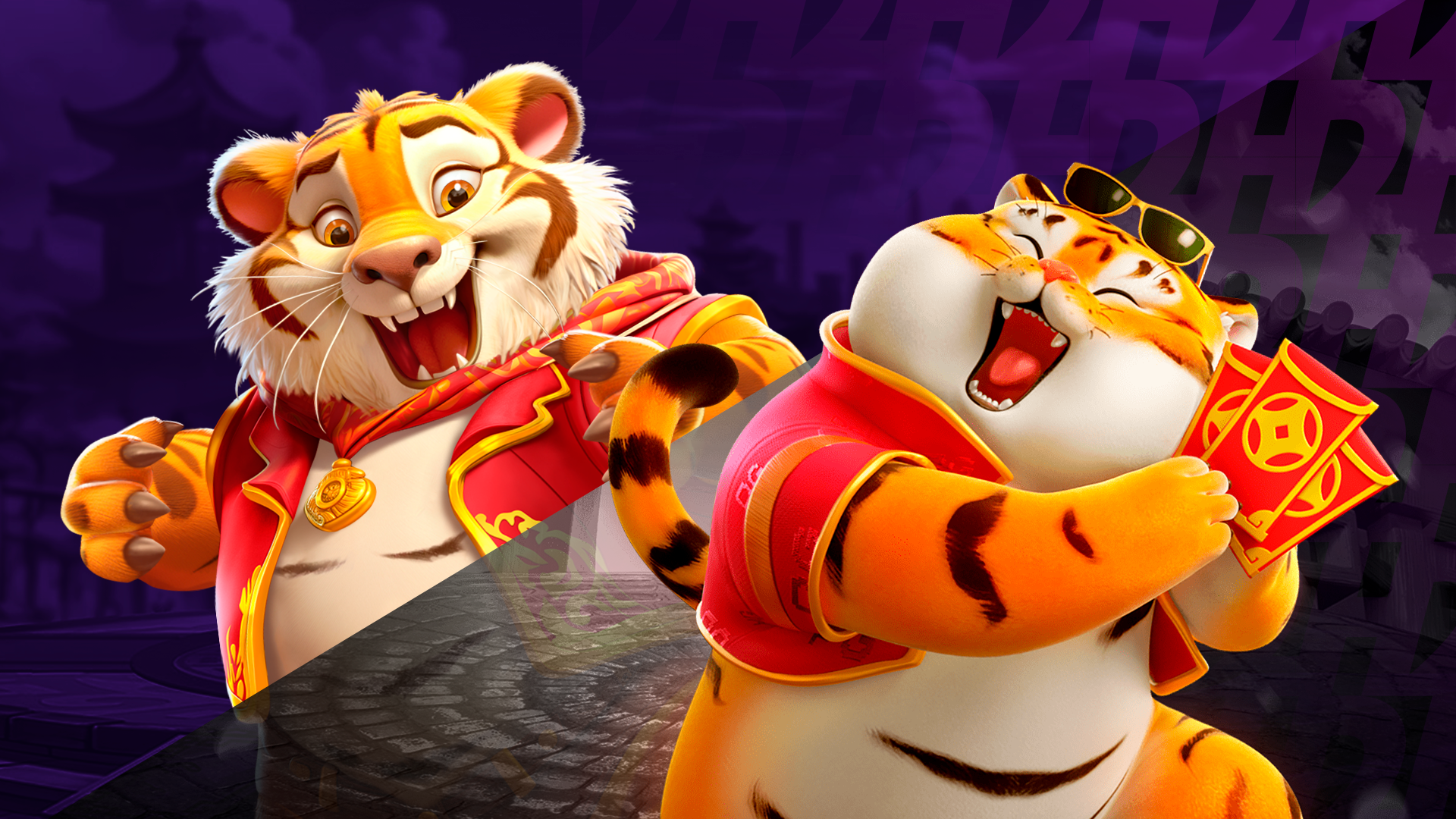 imagem dividida com tigre da fortuna de um lado e fortune tiger no outro