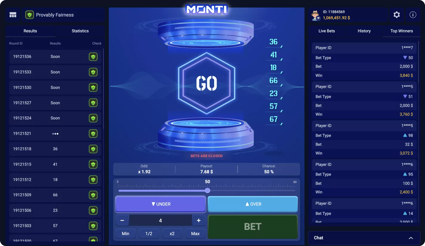 Interface of Monti game